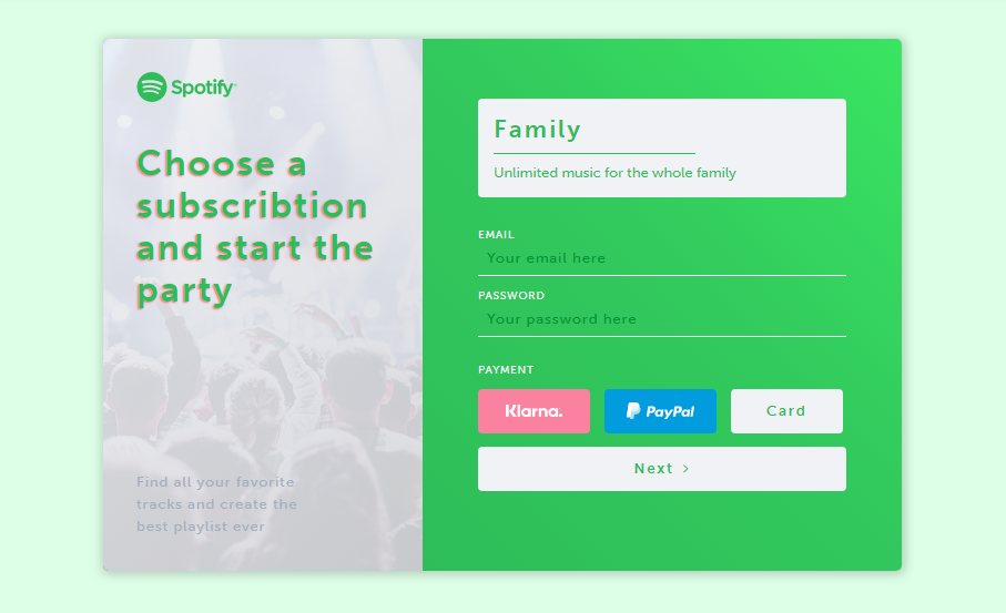 spotify subscription form with html and css
