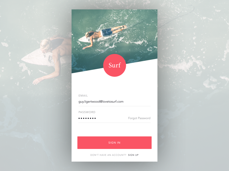 Surf App - Login Concept By Guy Ligertwood : Best Material Design Mobile Login and Signup Form
