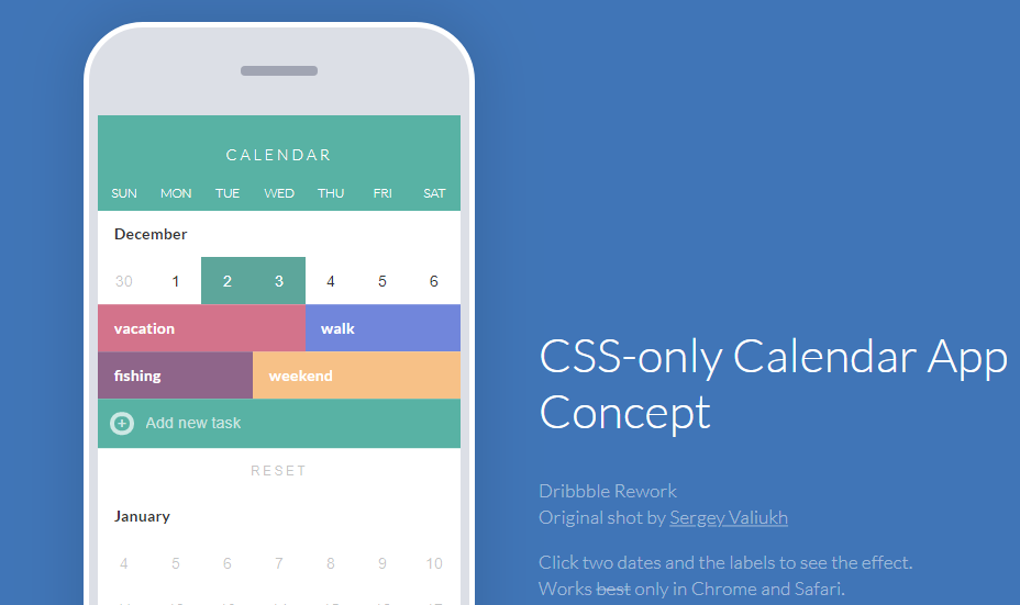 Calendar app wusing CSS only