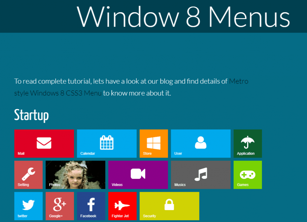 Metro style Windows 8 CSS3 Menu 